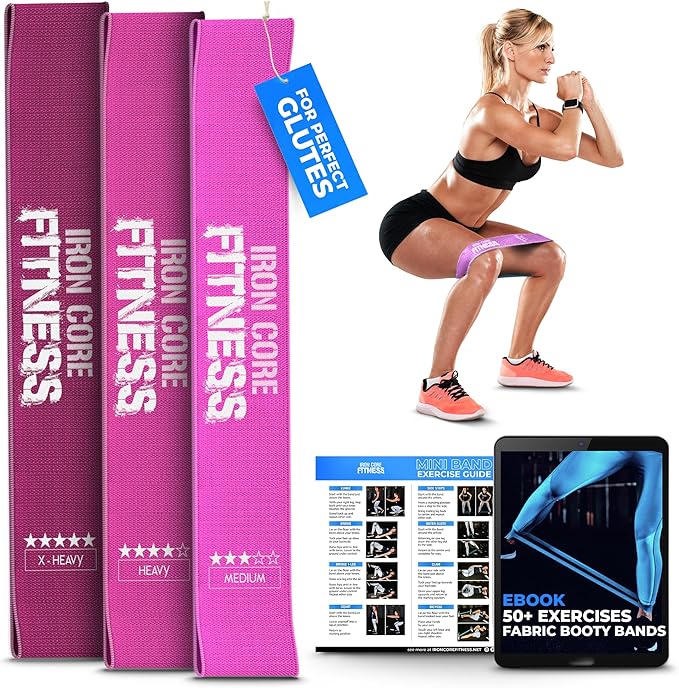 Fabric Mini Resistance Bands Sets for Trainers, Bootcamp, Gym for Men and Women in Fun Colors - Ebook, Videos and Workout Chart Included by Iron Core Fitness-FlexoryFit