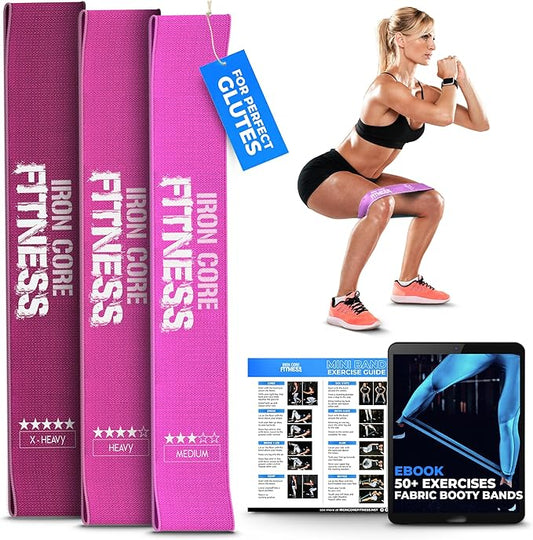 Fabric Mini Resistance Bands Sets for Trainers, Bootcamp, Gym for Men and Women in Fun Colors - Ebook, Videos and Workout Chart Included by Iron Core Fitness-FlexoryFit