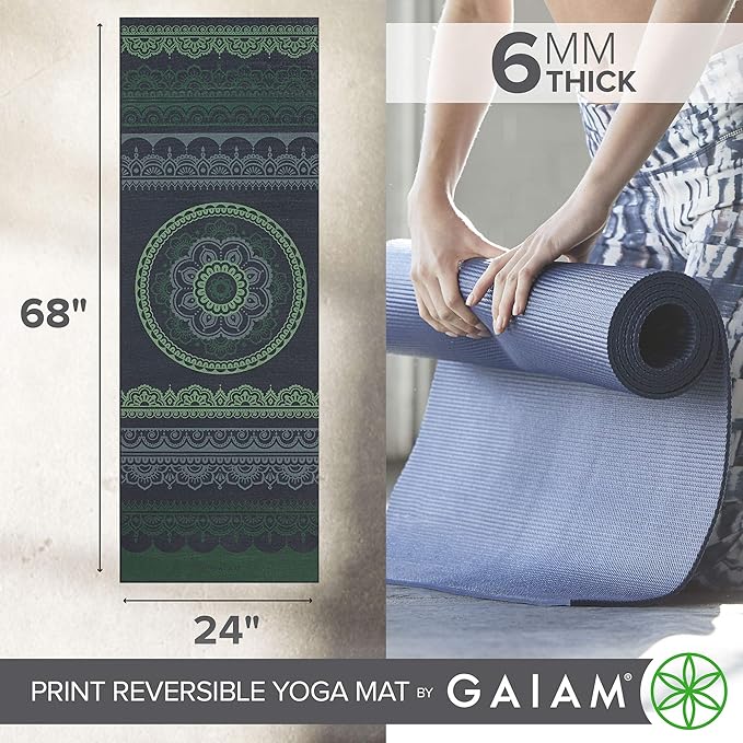 Gaiam Yoga Mat - Premium 6mm Print Reversible Extra Thick Non Slip Exercise & Fitness Mat for All Types of Yoga, Pilates & Floor Workouts (68" x 24" x 6mm Thick)-FlexoryFit