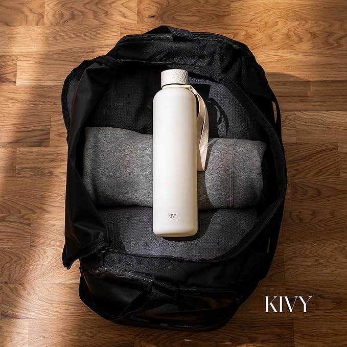 KIVY Slim Water Bottle 32oz [Lightweight & Shatterproof] Fits Backpack & Cupholder for Travel, Sports, School - Beige water bottle no straw - Cute aesthetic water bottles screw top - Dishwasher Safe-FlexoryFit