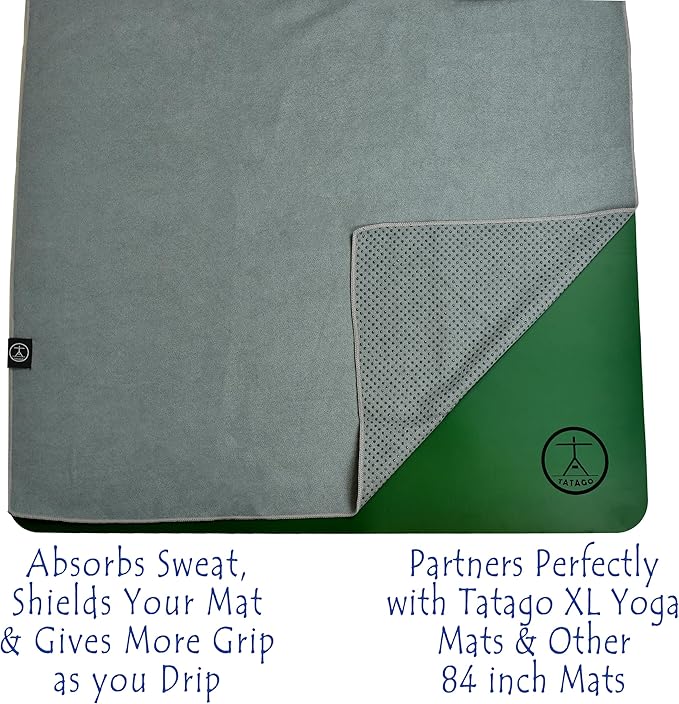 Tatago Hot Yoga Mat Towel Non Slip for Hot Yoga (72-84 inch Mats) Our Hot Yoga Towel Non Slip Silicone Dabs & Absorbent Microfiber Blend Gives You More Grip As You Drip! (Nube Gris, XL - 84")-FlexoryFit