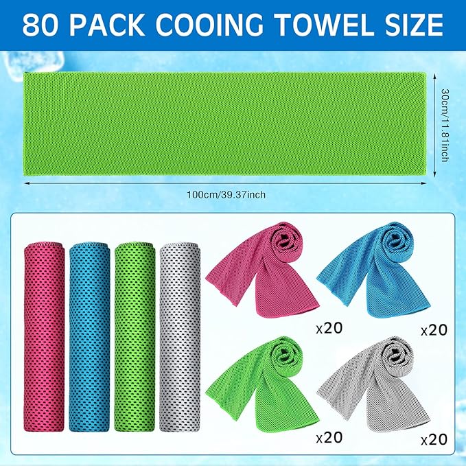 Shellwei 80 Pcs Cooling Towel Bulk 40 x 12 Inch Double Layer Microfiber Chilly Cold Towel for Neck Gym Yoga Running Workout Sports(Rose Red, Light Blue, Green, White)-FlexoryFit