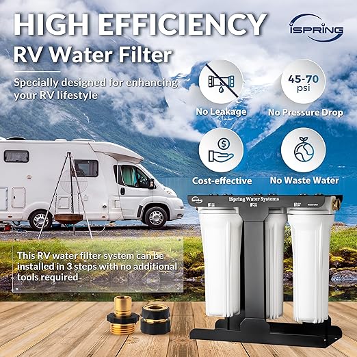 iSpring CW31 RV Water Filter System, 3-Stage RV Water Filtration System for Campers, 3/4'' Lead-Free Brass Hose Quick Connectors, Tankless, High Capacity, White