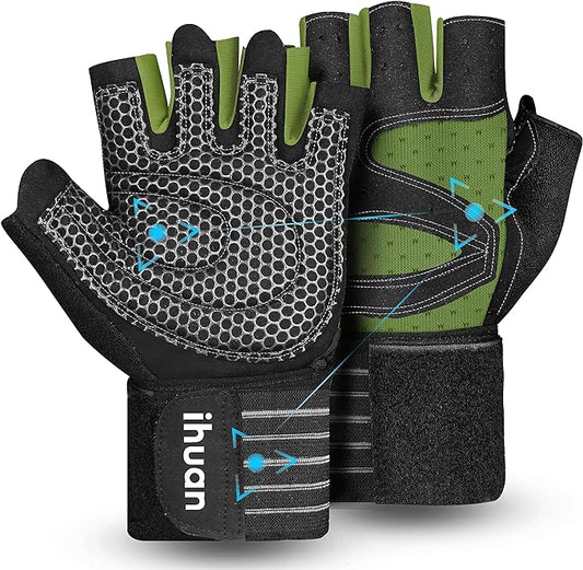 ihuan Ventilated Weight Lifting Gym Workout Gloves with Wrist Wrap Support for Men & Women, Full Palm Protection, for Weightlifting, Training, Fitness, Hanging, Pull ups-FlexoryFit