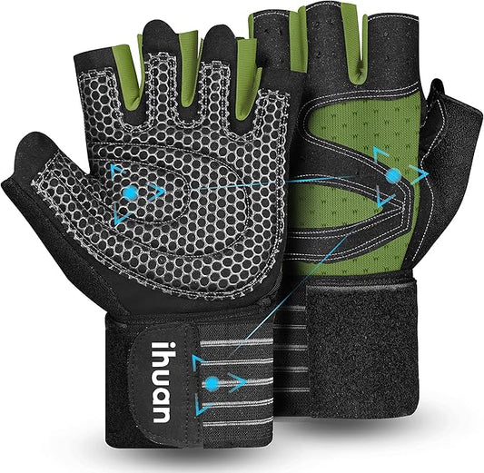 ihuan Ventilated Weight Lifting Gym Workout Gloves with Wrist Wrap Support for Men & Women, Full Palm Protection, for Weightlifting, Training, Fitness, Hanging, Pull ups-FlexoryFit