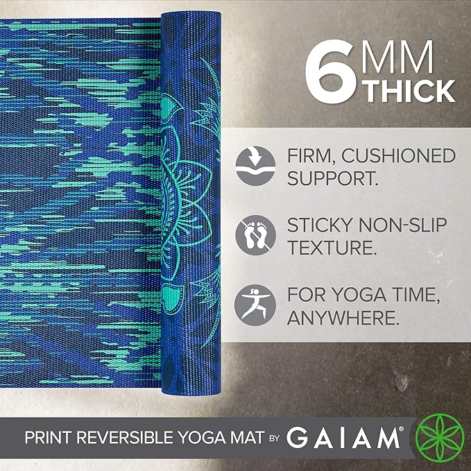 Gaiam Yoga Mat - Premium 6mm Print Reversible Extra Thick Non Slip Exercise & Fitness Mat for All Types of Yoga, Pilates & Floor Workouts (68" x 24" x 6mm Thick)-FlexoryFit