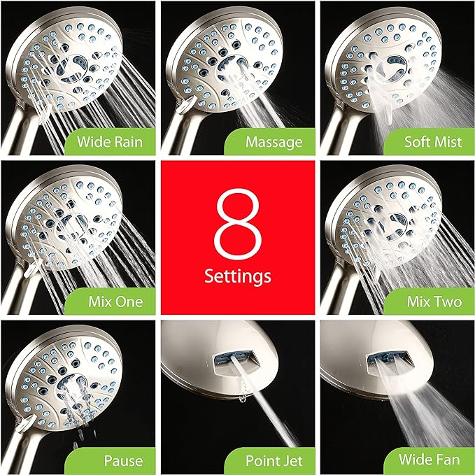 Hotel Spa AquaCare As-Seen-On-TV High Pressure Handheld/Rain 50-mode 3-way Shower Head Combo with Adjustable Arm - Anti-clog Nozzles, Tub & Pet Power Wash, 6 ft. Stainless Steel Hose, Nickel Finish
