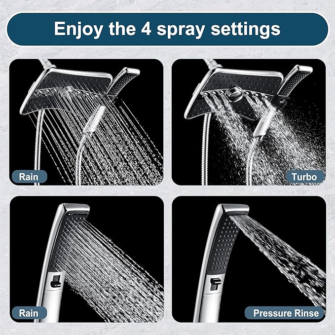 BRIGHT SHOWERS High Pressure Dual Shower Head Combo, Handheld Showerhead Rainfall Shower Head Set with Black Face, 60 Inch Long Stainless Steel Shower Hose, Chrome