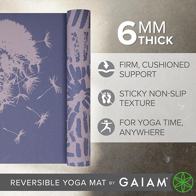 Gaiam Yoga Mat - Premium 6mm Print Reversible Extra Thick Non Slip Exercise & Fitness Mat for All Types of Yoga, Pilates & Floor Workouts (68" x 24" x 6mm Thick)-FlexoryFit