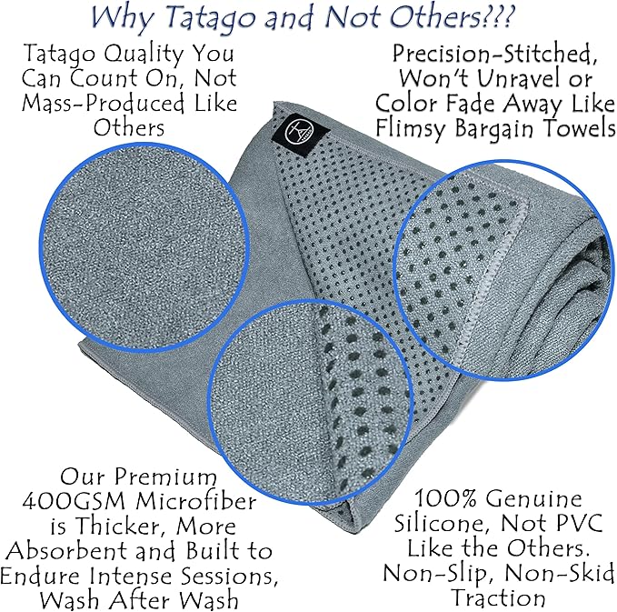 Tatago Hot Yoga Mat Towel Non Slip for Hot Yoga (72 inch) Our Hot Yoga Towel Non Slip Silicone Dabs & Absorbent Microfiber Blend Gives You More Grip As You Drip (Nube Gris-72, Standard - 72")-FlexoryFit