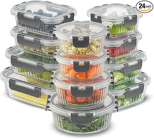 JoyJolt 24pc Borosilicate Glass Storage Containers with Lids | 12 Airtight/Freezer Safe Food Storage Containers for Pantry and Kitchen | Meal Prep Container for Lunch | Glass Tupperware Set-FlexoryFit