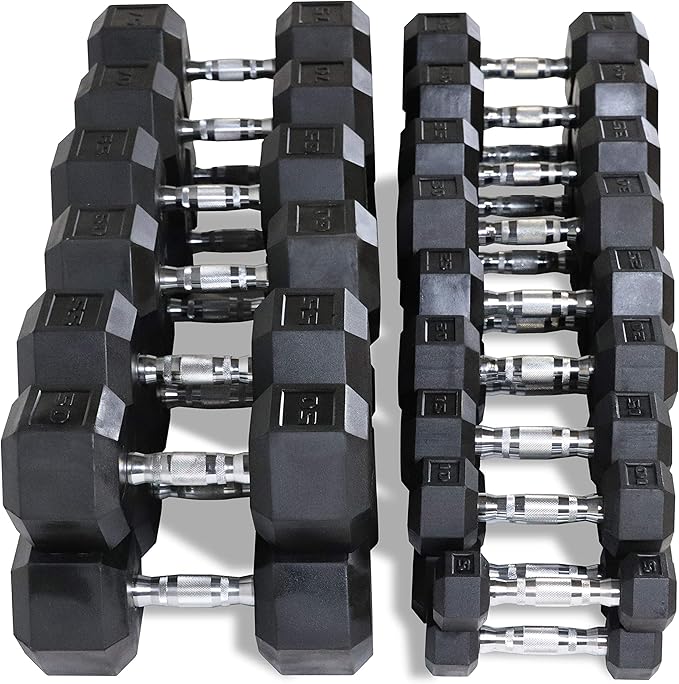 WF Athletic Supply Rubber Coated Hex Dumbbell Set, Multiple Choices Available - Dumbbells with Rack Stand and Mat, or Dumbbells Only (200/550/1200/2100/3000 LB)-FlexoryFit
