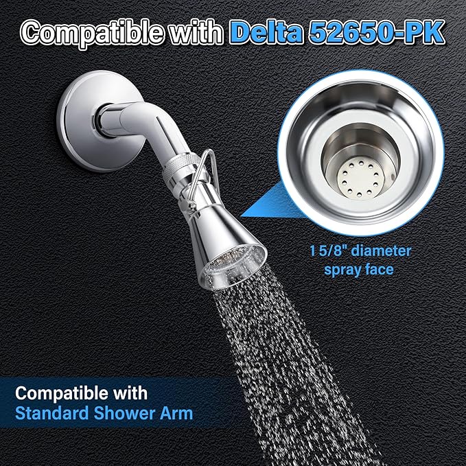 Enhon 2 Setting Pivoting Single Spray Shower Head with Shut Off Valve, Replacement for 52650-PK Compatible with Delta Shower, 2.5 GPM Brass Water Saving Shower Head 1 5/8" Diameter Spray Face(2 Pack)