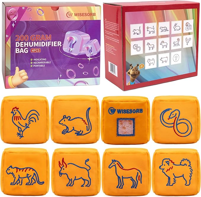 8Pcs 200g Desiccant Dehumidifier Bags, Rechargeable Indicating Silica Gel Beads, Gun Safe Dehumidifier, Desiccant Moisture Absorbers with Visible Window for Storage