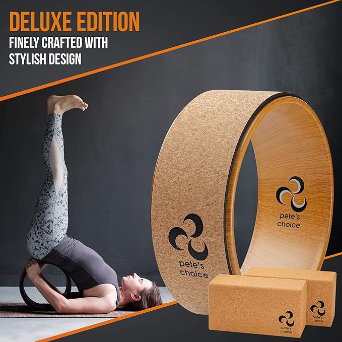Deluxe Cork Yoga Wheel Set - Cork Wheel + 2 Blocks + Strap + Exercise Guide. Extra Firm Bricks. Better Support, Natural and Eco-Friendly. Home Exercise Kit. Ideal for Women Yogis.-FlexoryFit