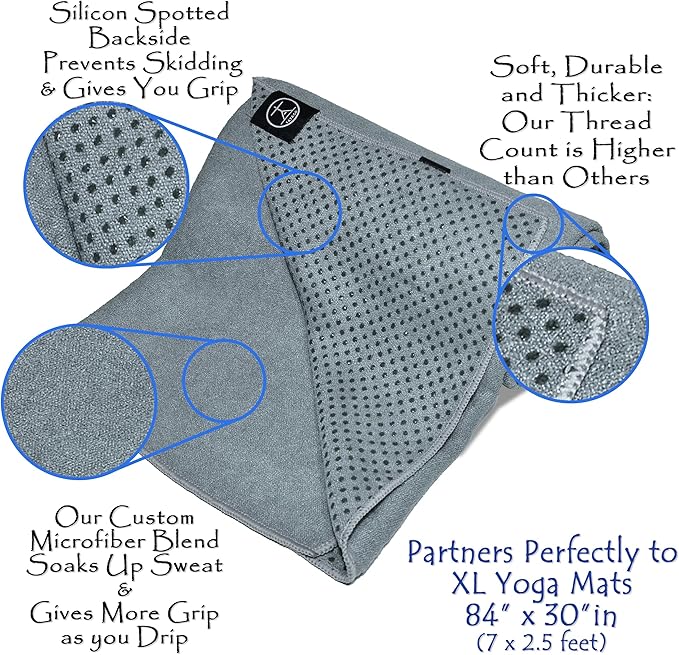 Tatago Hot Yoga Mat Towel Non Slip for Hot Yoga (72-84 inch Mats) Our Hot Yoga Towel Non Slip Silicone Dabs & Absorbent Microfiber Blend Gives You More Grip As You Drip! (Nube Gris, XL - 84")-FlexoryFit