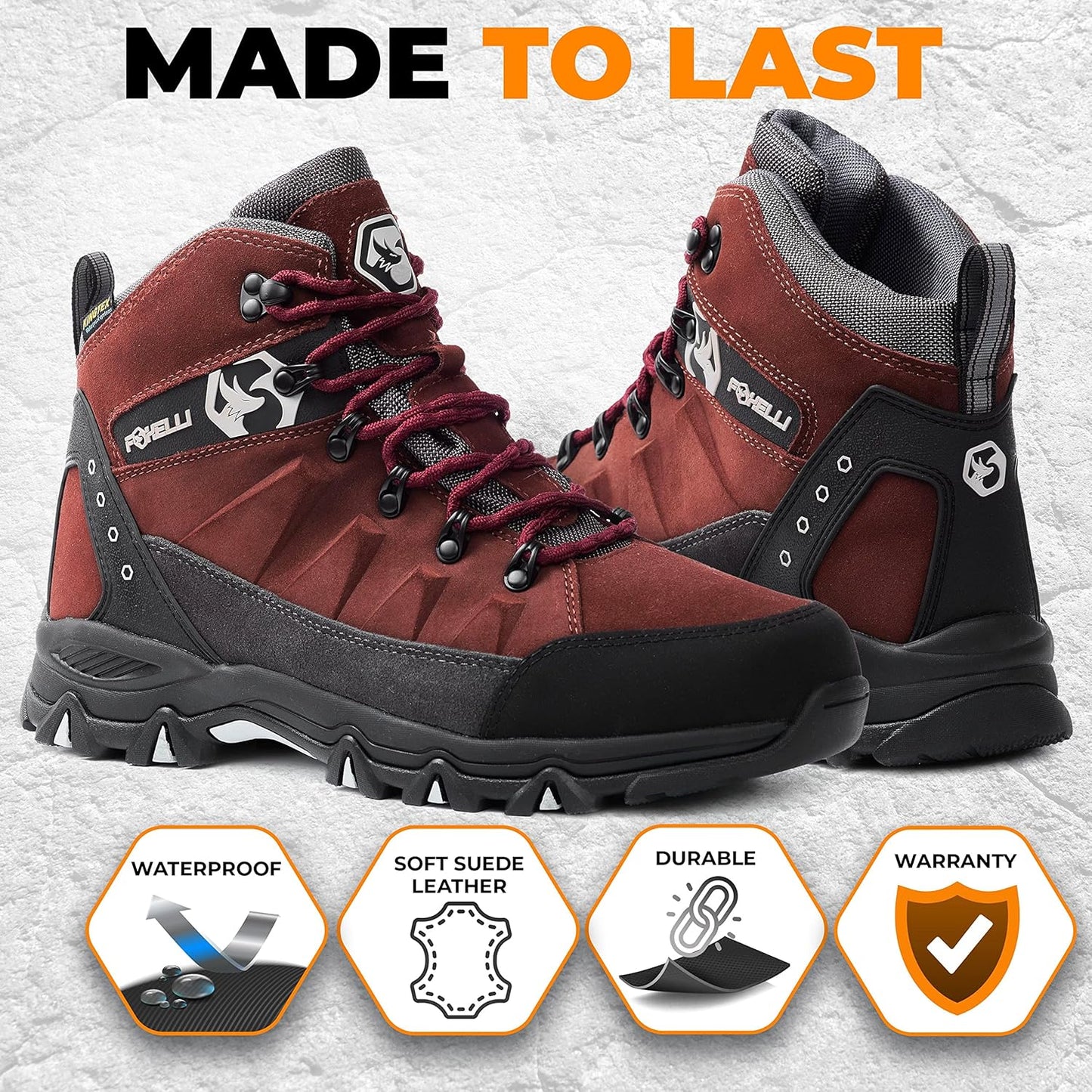 Foxelli Men’s Hiking Boots – Waterproof Breathable & Lightweight Suede Leather Hiking Boots for Men