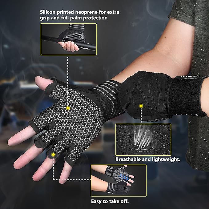 ihuan Ventilated Weight Lifting Gym Workout Gloves with Wrist Wrap Support for Men & Women, Full Palm Protection, for Weightlifting, Training, Fitness, Hanging, Pull ups-FlexoryFit