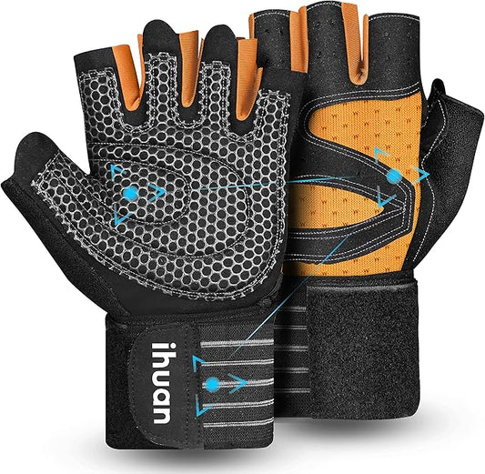 ihuan Ventilated Weight Lifting Gym Workout Gloves with Wrist Wrap Support for Men & Women, Full Palm Protection, for Weightlifting, Training, Fitness, Hanging, Pull ups-FlexoryFit