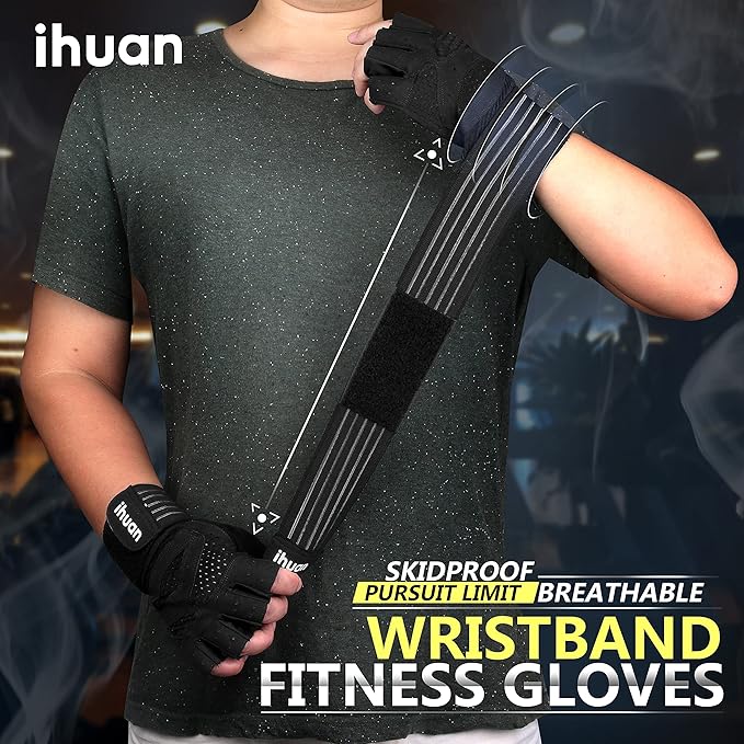 ihuan Ventilated Weight Lifting Gym Workout Gloves with Wrist Wrap Support for Men & Women, Full Palm Protection, for Weightlifting, Training, Fitness, Hanging, Pull ups-FlexoryFit