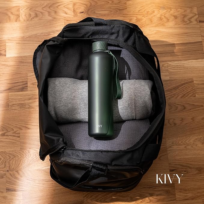 KIVY Slim Water Bottle 32oz [Lightweight & Shatterproof] Fits Backpack & Cupholder for Travel, Sports, School, Gym - Dark green water bottle no straw - Gym water bottle screw top - Dishwasher Safe-FlexoryFit