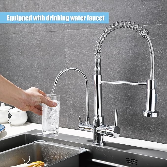 HUAHUALALA 3 in 1 Kitchen Sink Faucet 2 Handle with Spring Sprayer, Kitchen Faucet with Filter, Brass Drinking Water Faucets Reverse Osmosis Chrome