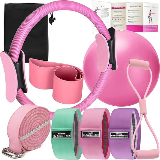 Pilates Set – Home Pilates Equipment for Women Kit with Magic Circle Pilates Ring and Ball Set, Resistance Bands & Massage Balls & Exercise Bands for Toning，Flexibility & Core Strength-FlexoryFit