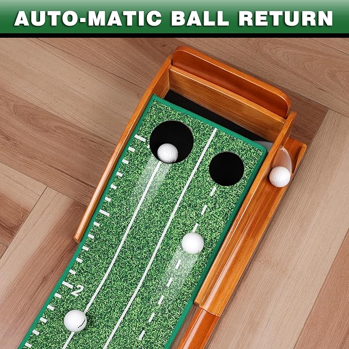 CHAMPKEY Premium Wooden Golf Mat with 3 Putting Gates - Realistic Putting Surface Simulates Green - Improve Accuracy