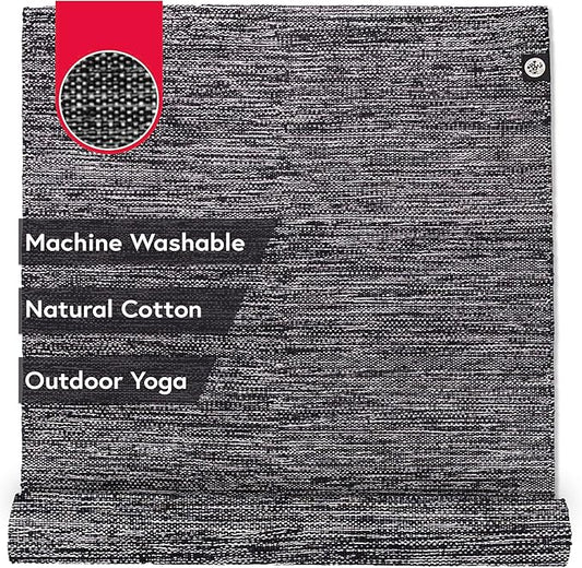 Manduka Shala Yoga Rug 71" - Outdoor Yoga & Meditation | Foldable & Machine Washable | Natural Cotton | Handmade | 71 x 26 inches | Black Heather-FlexoryFit