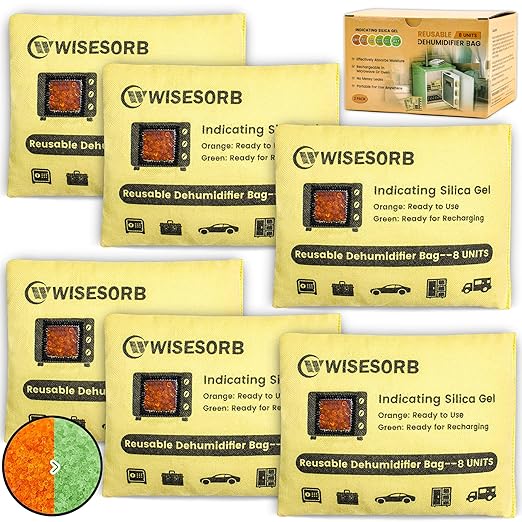 Rechargeable Gun Safe Dehumidifier, 6 Packs 8U Indicating Desiccant Packs with Transparent Window for Storage Reusable Silica Gel Packets Moisture Absorbers Safe Dehumidifier