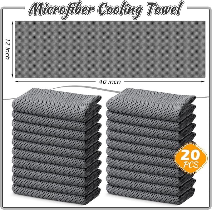 20 Pcs Cooling Towel 40" x 12" Ice Towel for Neck and Face Microfiber Chilly with Bag Breathable Yoga Gym Stay Cool Towels Sweat Rag for Workout Running Camping Pilates Beach Accessories (Dark Gray)-FlexoryFit