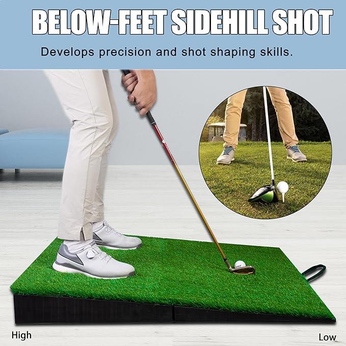 PGM 40"x 40" Golf Practice Mat - 4 Adjustable Simulation Slopes Golf Mats - Golf Hitting Mat - Golf Mats Practice Indoor Outdoor - Golf Training Mat - Golf Swing Trainer Aid