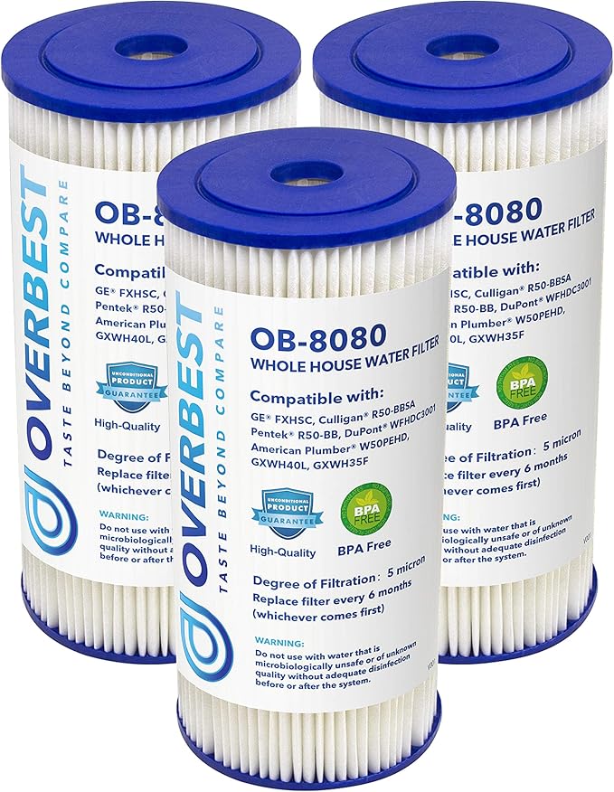 Overbest FXHSC 10" x 4.5" Whole House Water Filter, Replacement for GE FXHSC, Culligan R50-BBSA, Pentek R50-BB and DuPont WFHDC3001, American Plumber W50PEHD, GXWH40L (3 Pack)