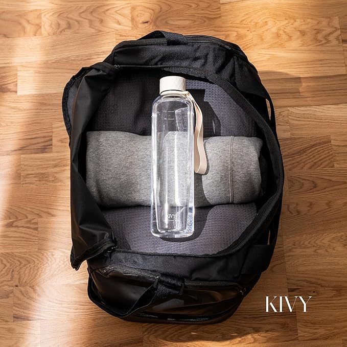 KIVY Slim Water Bottle 32oz [Lightweight & Shatterproof] Fits Backpack & Cupholder for Travel, Sports, School, Gym - Clear water bottle with measurements - Transparent Tritan Beige - Dishwasher Safe-FlexoryFit