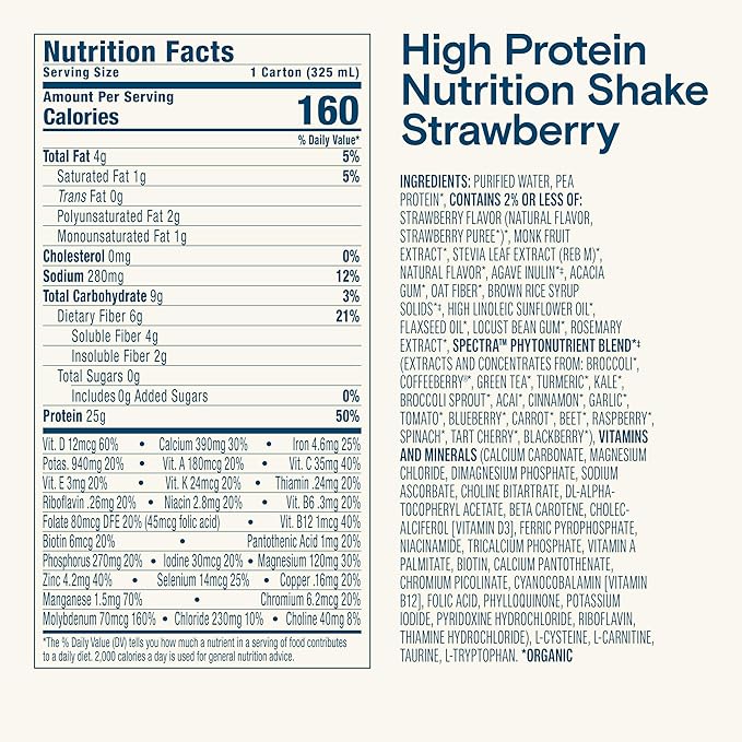 KATE FARMS Organic High Protein Strawberry Nutrition Shake, 25g Protein, 6g Fiber, 27 Vitamins and Minerals, 0g Sugar, Protein Drink, 11 oz (12 Pack)-FlexoryFit