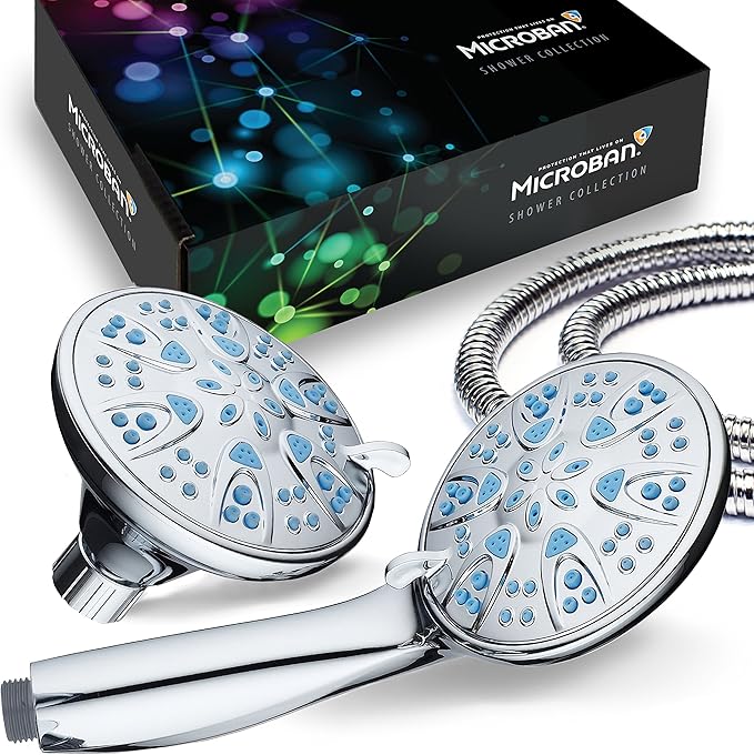 AquaDance Antimicrobial/Anti-Clog High-Pressure 30-setting Dual Head Combination Shower with Microban Nozzle Protection From Growth of Mold, Mildew & Bacteria for a Healthier Shower – Aqua Blue