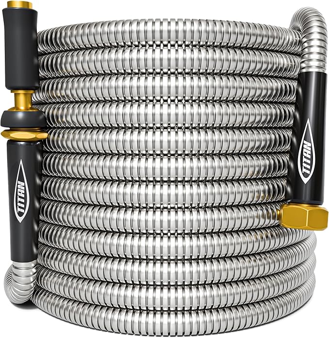 TITAN Garden Hose 9FT - 304 Stainless Steel Metal Water Hose, Flexible, Kink-Free, Lightweight, Durable, Crush Resistant Fittings, Easy to Coil, 500 PSI