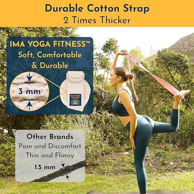 Adaptive Yoga Strap, Stretching Strap, 2 Inches Wide, 100% Naturally Soft Cotton, Steel D-Rings, Includes Natural Cotton Drawstring Storage Pouch and Instructional E-Book-FlexoryFit