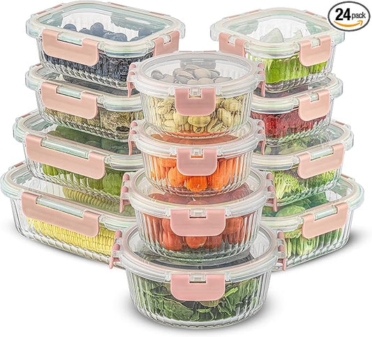 JoyJolt 24pc Borosilicate Glass Storage Containers with Lids | 12 Airtight/Freezer Safe Food Storage Containers for Pantry and Kitchen | Meal Prep Container for Lunch | Glass Tupperware Set-FlexoryFit