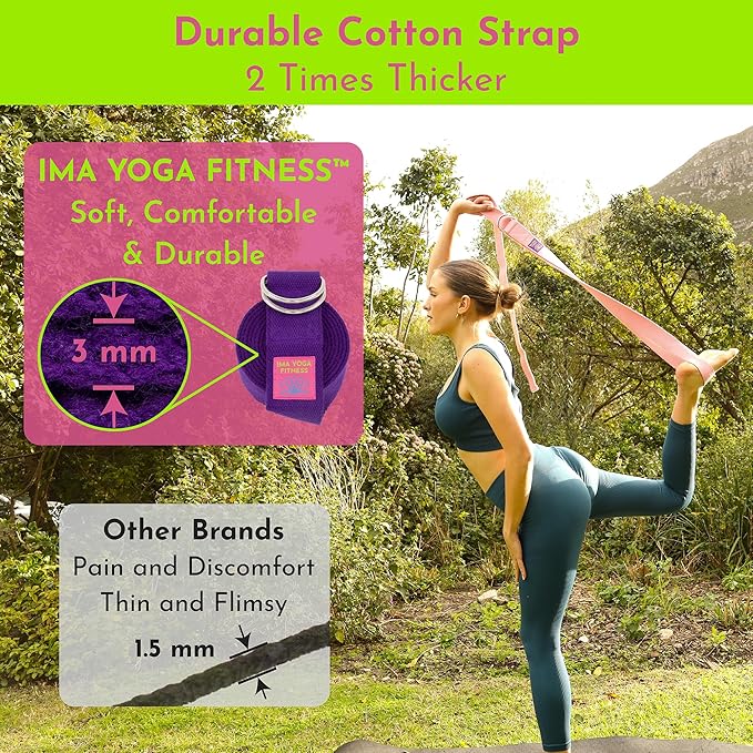 Adaptive Yoga Strap, Stretching Strap, 2 Inches Wide, 100% Naturally Soft Cotton, Steel D-Rings, Includes Natural Cotton Drawstring Storage Pouch and Instructional E-Book-FlexoryFit