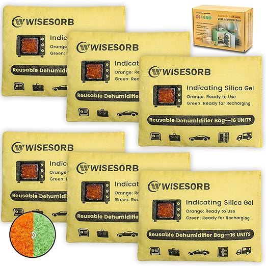 Rechargeable Gun Safe Dehumidifier, 6 Packs 16U Indicating Desiccant Packs with Transparent Window for Storage Reusable Silica Gel Packets Moisture Absorbers Safe Dehumidifier