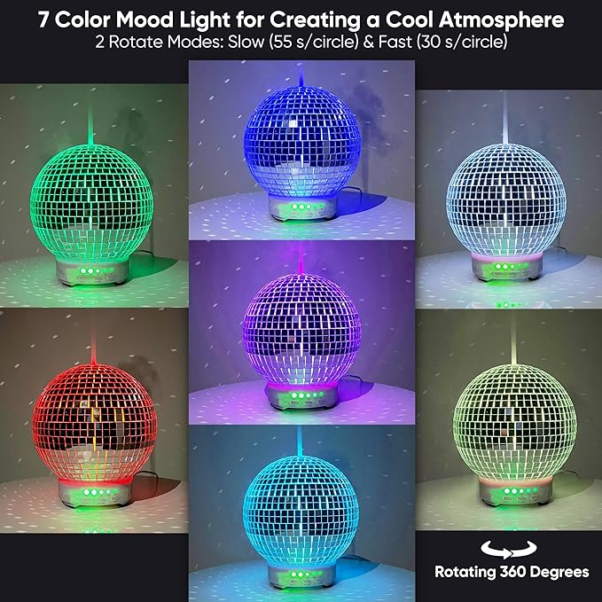 SCANDINORDICA Disco Ball Diffuser Rotating - 300ML Essential Oil Diffuser with Whisper Quiet Operation, 7 Color Night Light & 4 Time Settings | Aromatherapy Diffuser for Large Room Silver