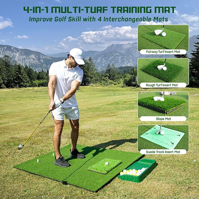Upgrade Multi-Function Golf Hitting Mat – MyVoice 5x4ft Thickened Mat with Interchangeable Turf, Durable Non-Slip Base for Indoor & Outdoor Practice, Ideal for Golfers of All Levels