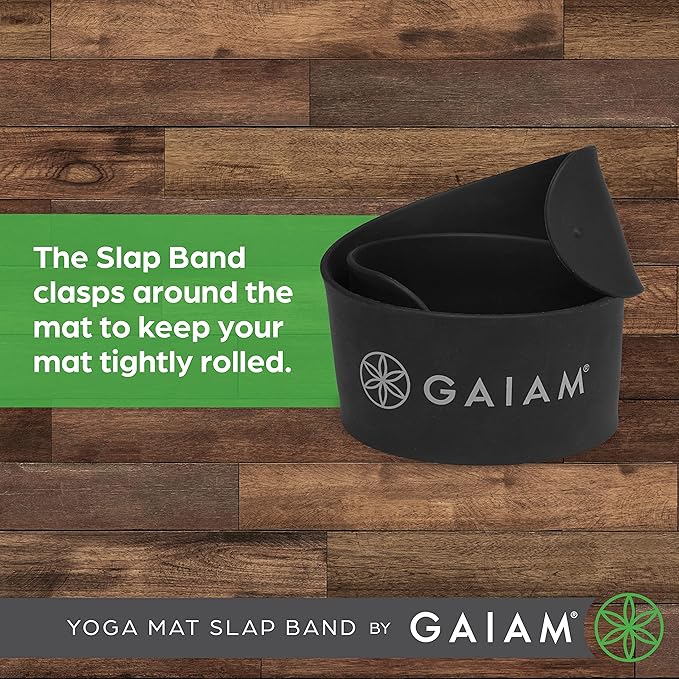 Gaiam Yoga Mat Strap Slap Band - Keeps Your Mat Tightly Rolled and Secure with One Snap - Strong Clasp for Yoga Mat Storage and Travel - Fits Most Size Mats (20"L x 1.5"W), Black-FlexoryFit