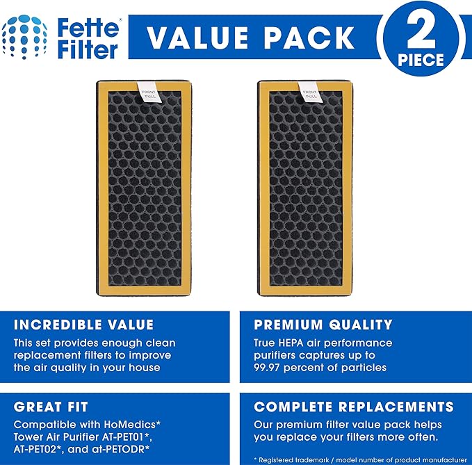 Fette Filter - Air Purifier Activated Carbon Filter Compatible with HoMedics TotalClean PetPlus. Compare to Part # AT-PET01, AT-PET02, AT-PETODR - Pack of 2