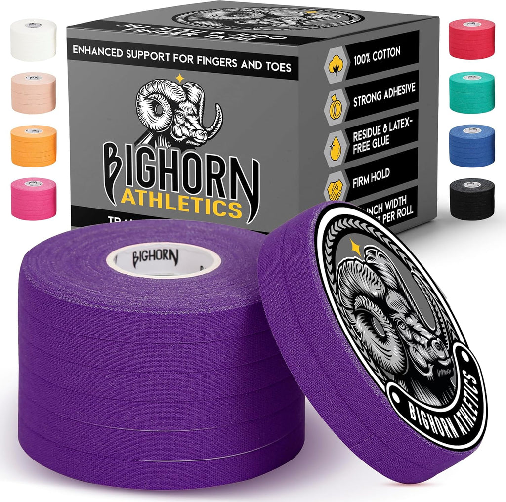 Bighorn Athletics Jiu Jitsu Finger Tape | Residue-Free Athletic Finger Tape for Sports & Injuries: Rock Climbing, Volleyball, Football, Basketball, Hands & Toes | 0.3-Inch x 45-feet, 8-Rolls, Purple