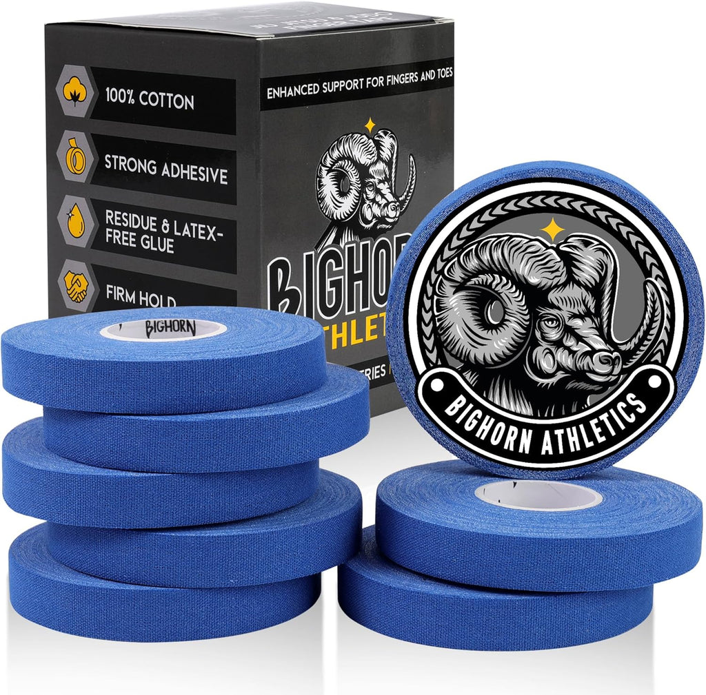 Bighorn Athletics Jiu Jitsu Finger Tape, Rock Climbing Tape | Multipurpose for Sports & Injuries: MMA, Volleyball, Football, Basketball, Tennis, Golf, Hands & Toes, 0.5-Inch x 45-feet, 8-Rolls, Blue