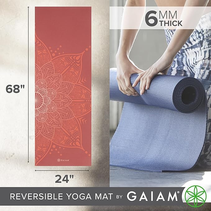 Gaiam Yoga Mat - Premium 6mm Print Reversible Extra Thick Non Slip Exercise & Fitness Mat for All Types of Yoga, Pilates & Floor Workouts (68" x 24" x 6mm Thick)-FlexoryFit