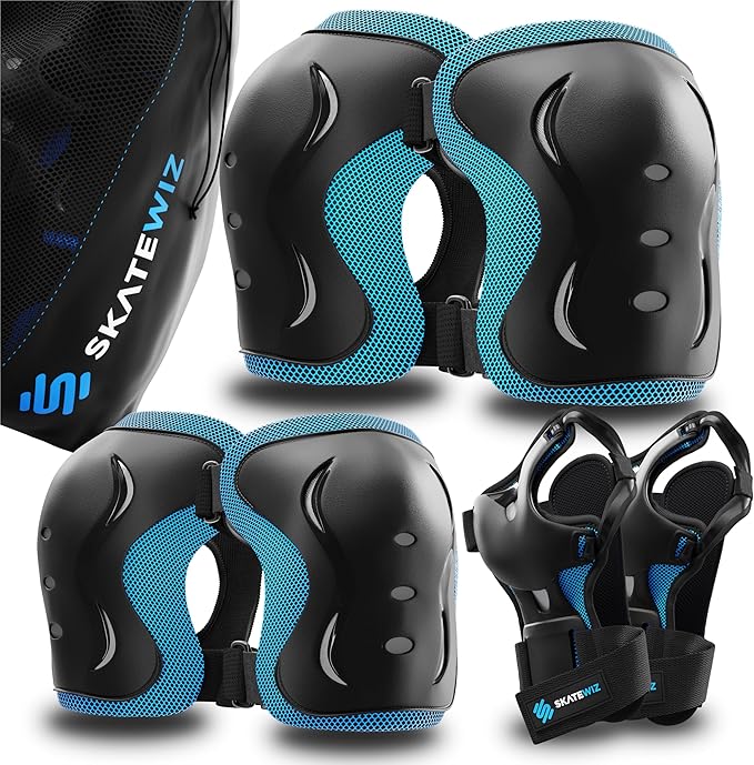 SKATEWIZ Skating Protective Gear Adults & Kids [6pc] incl. Knee Pads, Elbow Pads Wrist Guards for Roller Skating & Skateboarding