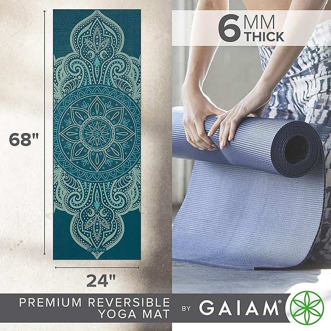 Gaiam Yoga Mat - Premium 6mm Print Reversible Extra Thick Non Slip Exercise & Fitness Mat for All Types of Yoga, Pilates & Floor Workouts (68" x 24" x 6mm Thick)-FlexoryFit